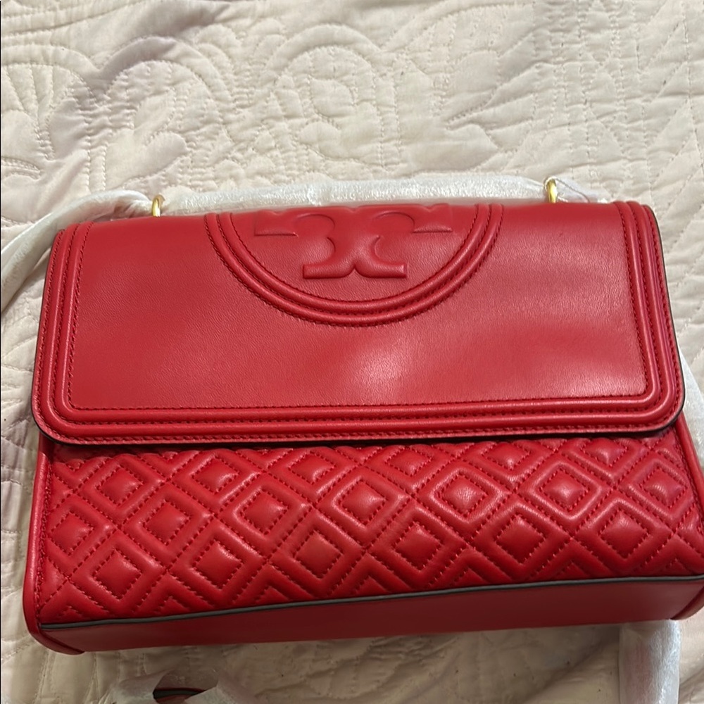 Red quilted Tory Burch Fleming large crossbody